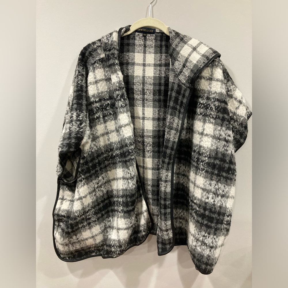 Hot & Delicious Cardigan Hooded Poncho Plaid